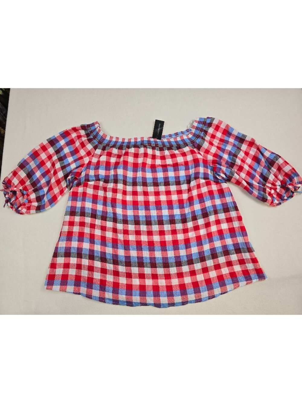 NEW Lane Bryant 14/16 Off-Shoulder Plaid Top Red/Blue White Smocking